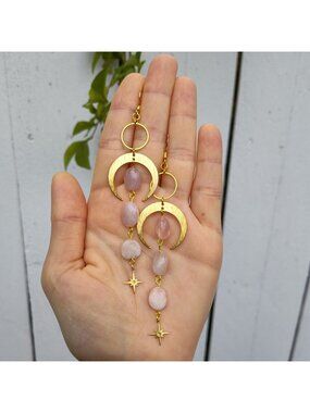 Celestial Morganite Moon Star Dangle Earrings Pink Gemstone Crystal Jewelry Gold